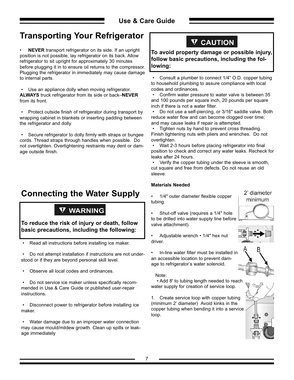 Connecting the water supply, Transporting your refrigerator, Use & care guide | Aga Ranges AFHR-36 User Manual | Page 7 / 30