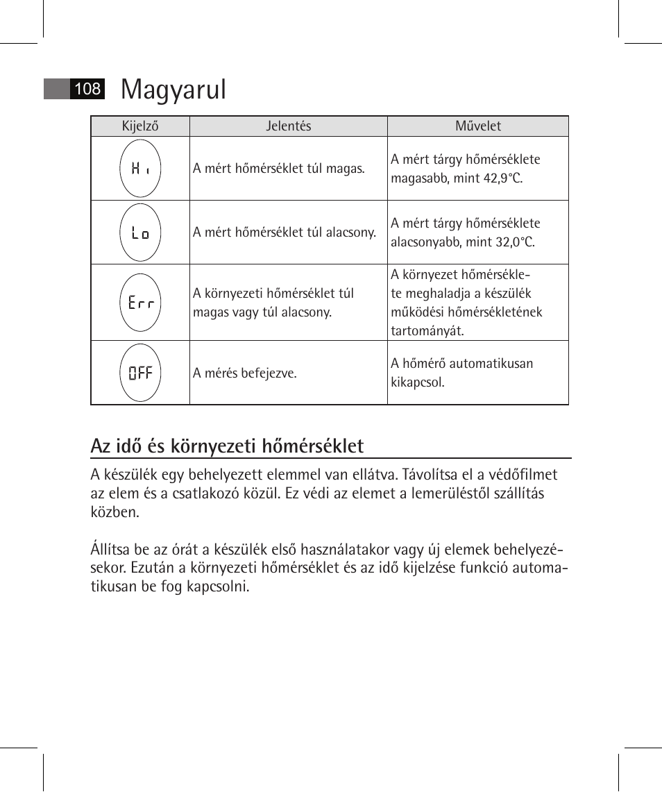 Magyarul, Az idő és környezeti hőmérséklet | AEG FT 4925 User Manual | Page 108 / 138