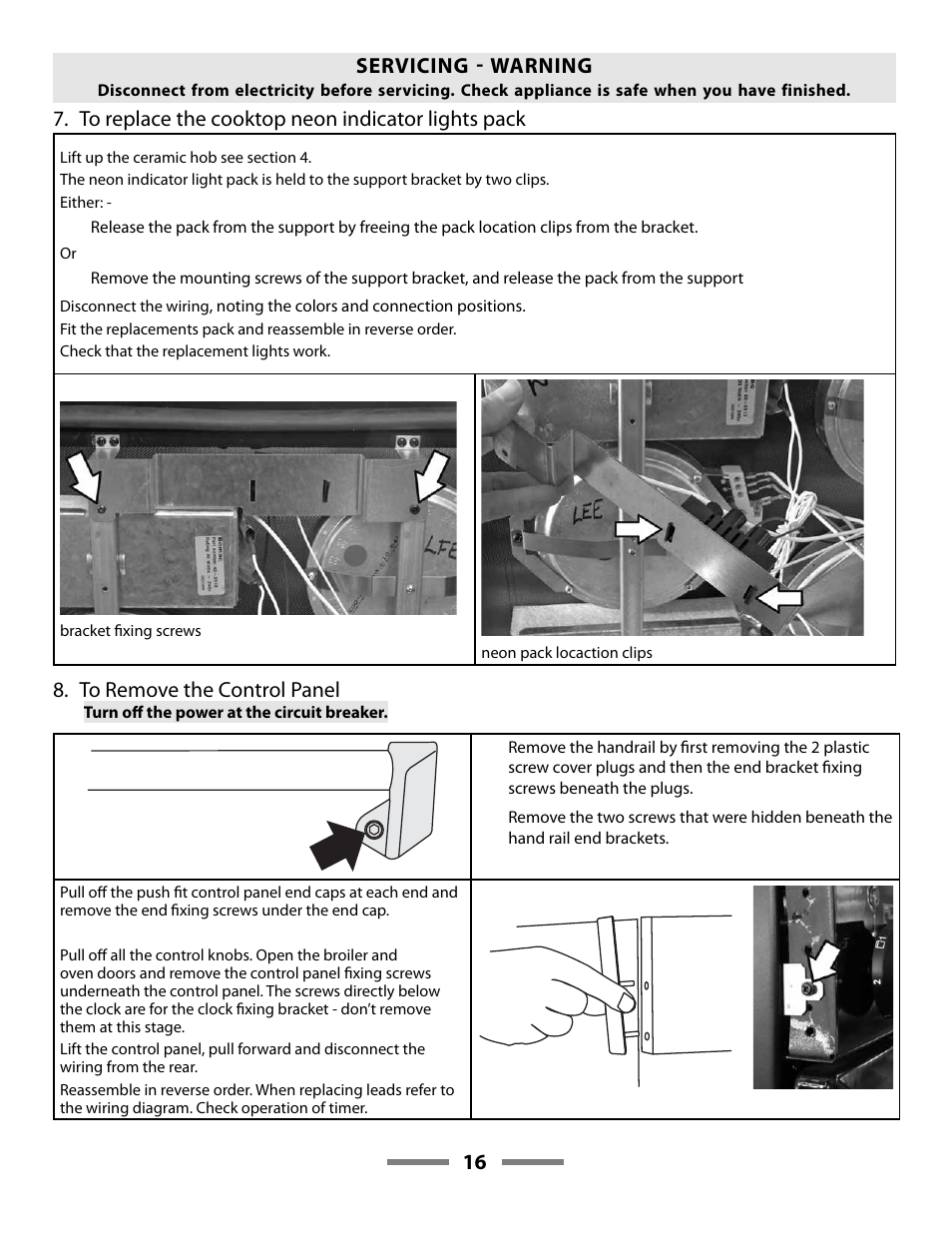 16 servicing  warning | Aga Ranges LEGACY F107411-01 User Manual | Page 16 / 32