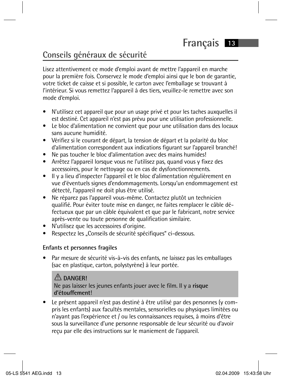 Français, Conseils généraux de sécurité | AEG LS 5541 User Manual | Page 13 / 54