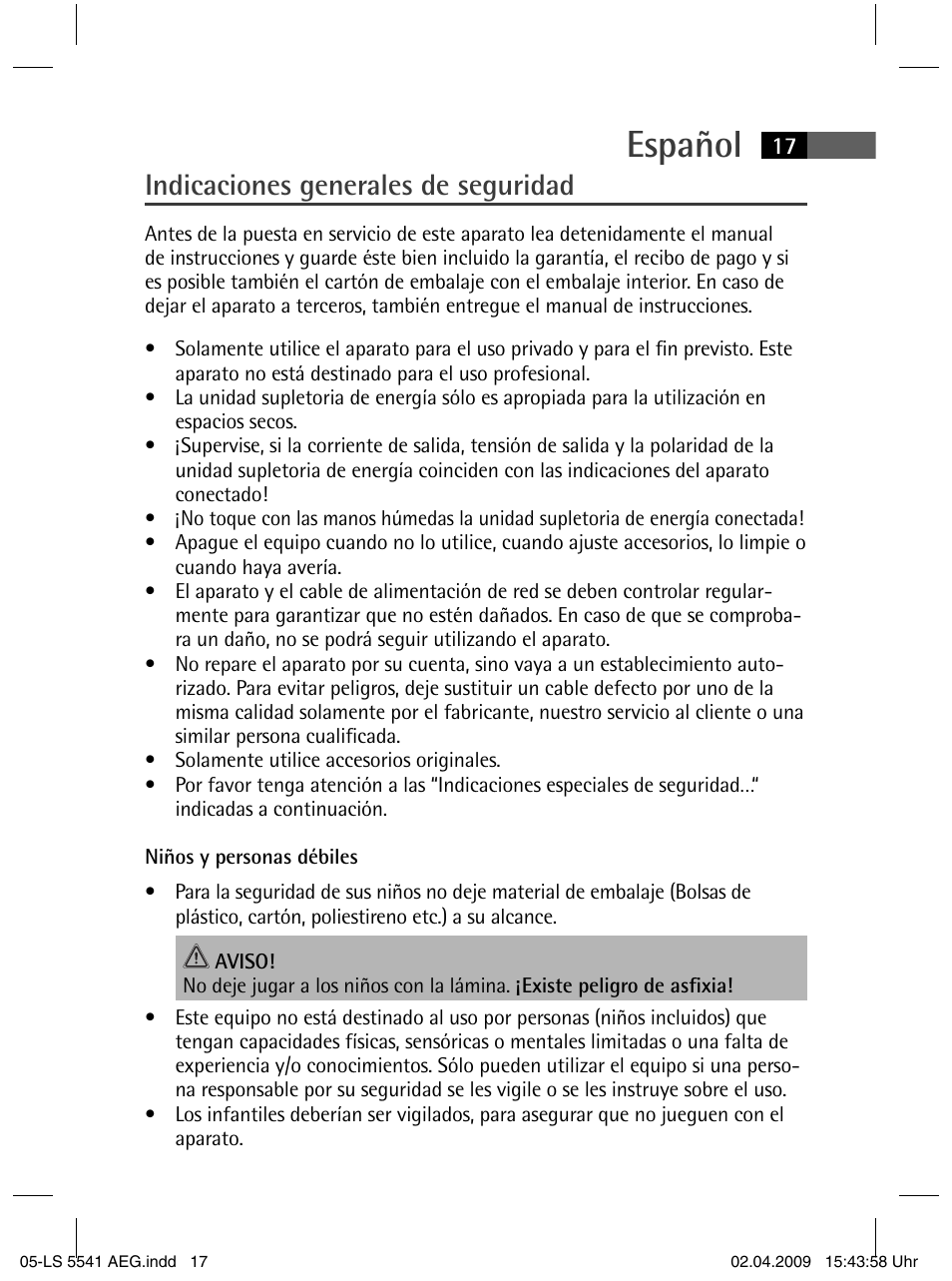 Español, Indicaciones generales de seguridad | AEG LS 5541 User Manual | Page 17 / 54