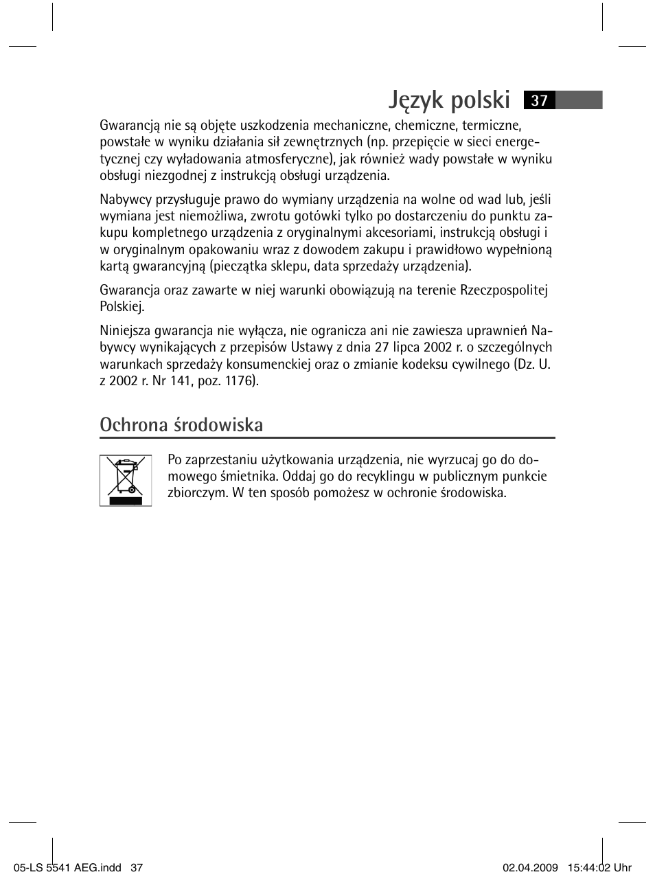 Język polski, Ochrona środowiska | AEG LS 5541 User Manual | Page 37 / 54