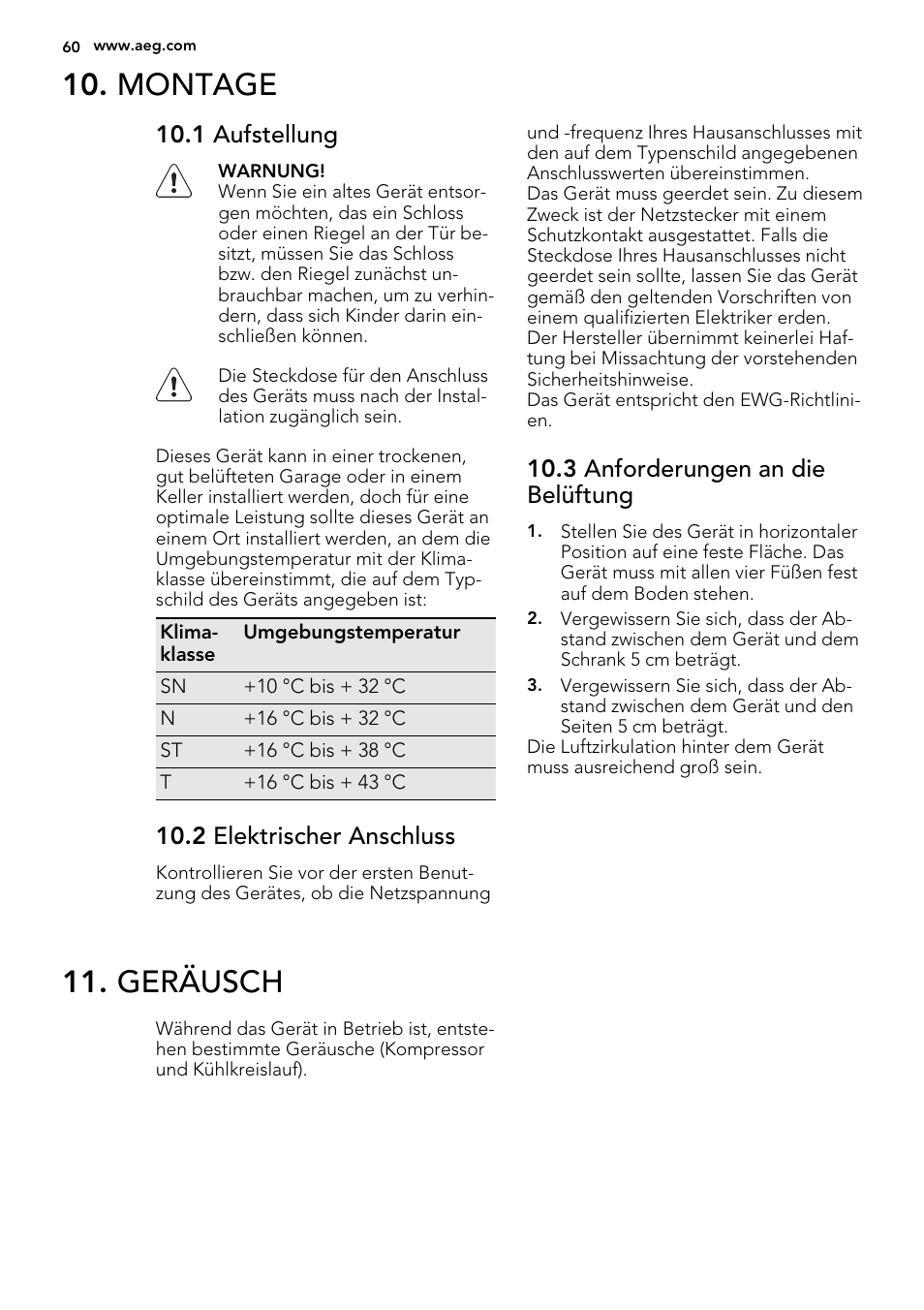 Montage, Geräusch, 1 aufstellung | 2 elektrischer anschluss, 3 anforderungen an die belüftung | AEG A62700HLW0 User Manual | Page 60 / 64