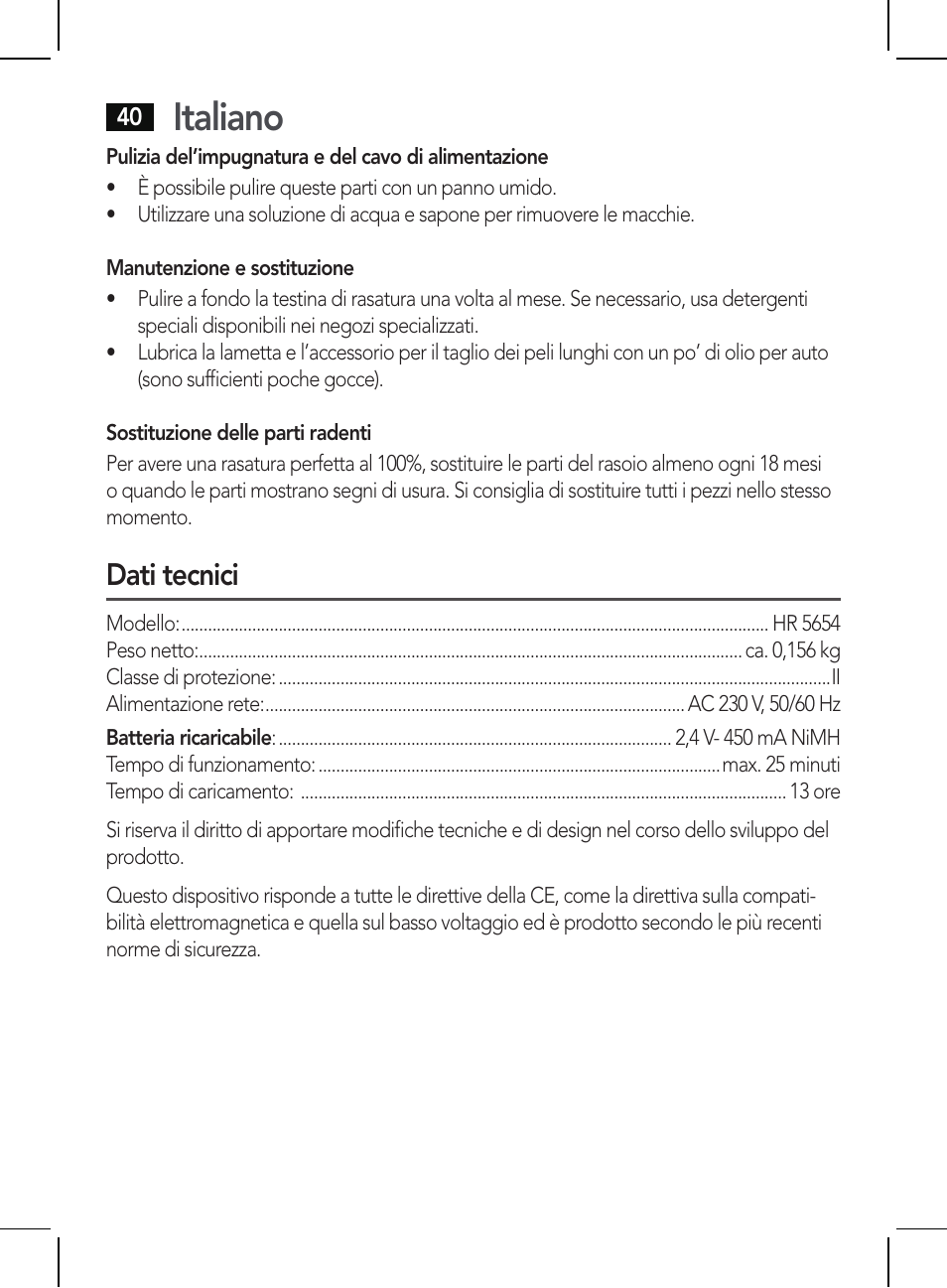 Italiano, Dati tecnici | AEG HR 5654 User Manual | Page 40 / 82