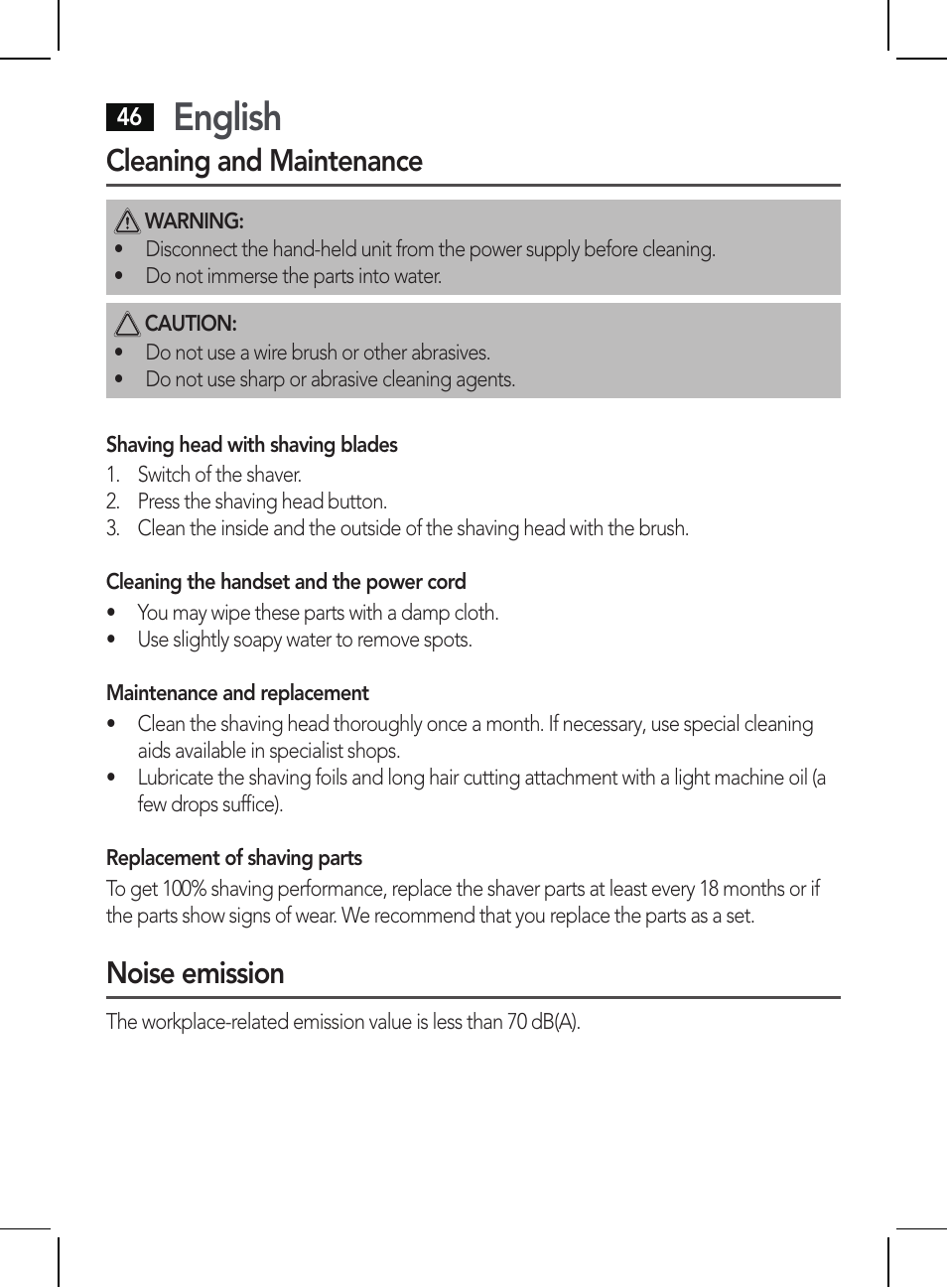 English, Cleaning and maintenance, Noise emission | AEG HR 5654 User Manual | Page 46 / 82