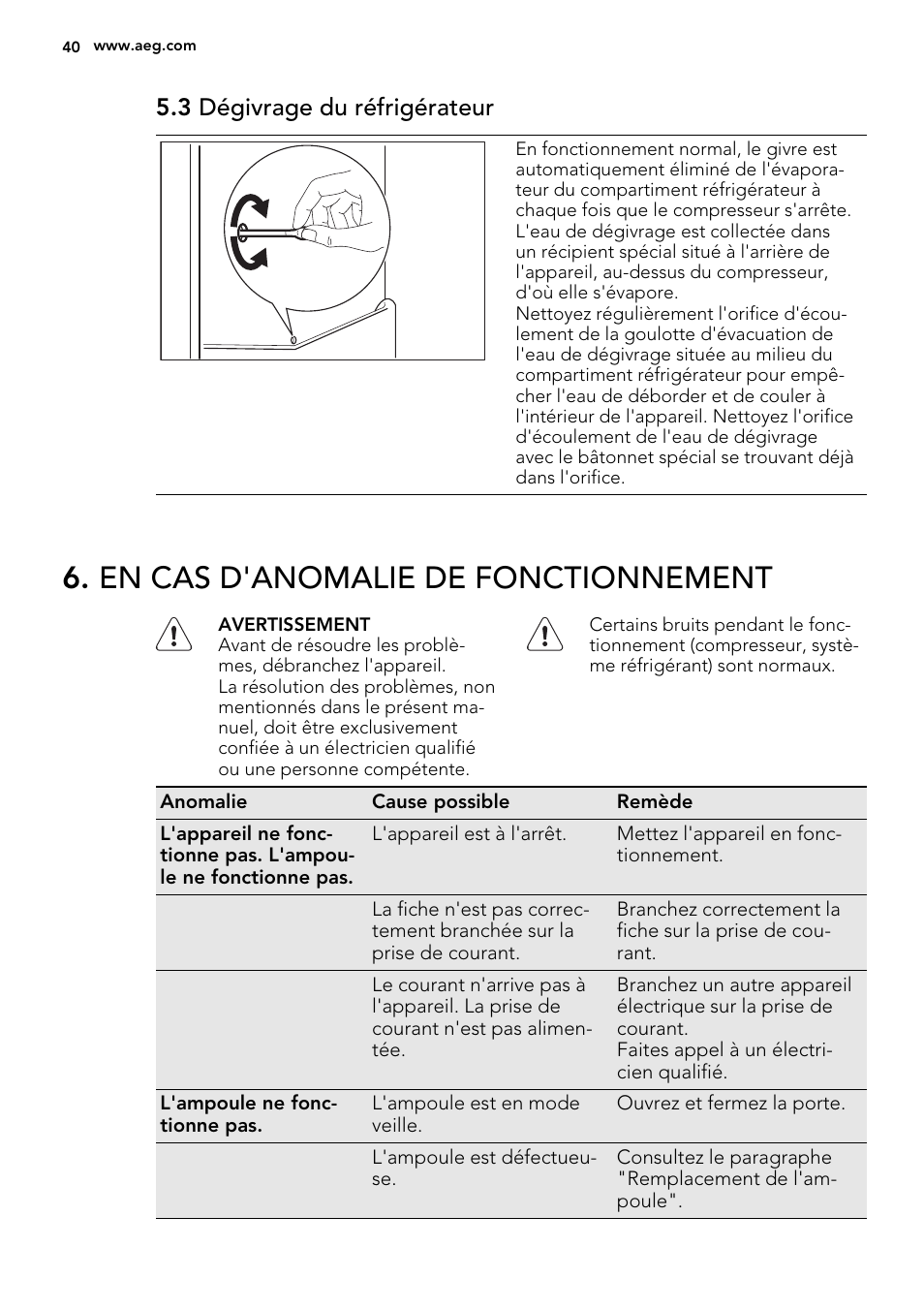 En cas d'anomalie de fonctionnement, 3 dégivrage du réfrigérateur | AEG SKD81840S1 User Manual | Page 40 / 92