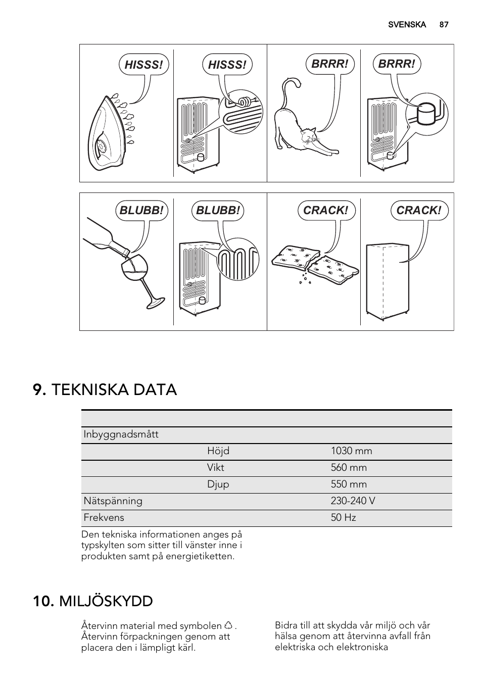 Tekniska data, Miljöskydd | AEG SKD81840S1 User Manual | Page 87 / 92