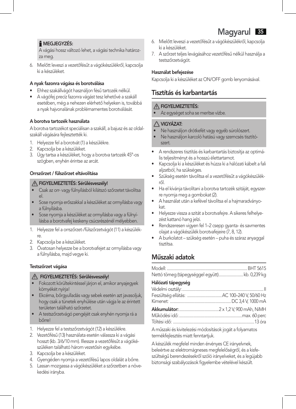 Magyarul, Tisztítás és karbantartás, Műszaki adatok | AEG BHT 5615 User Manual | Page 35 / 50