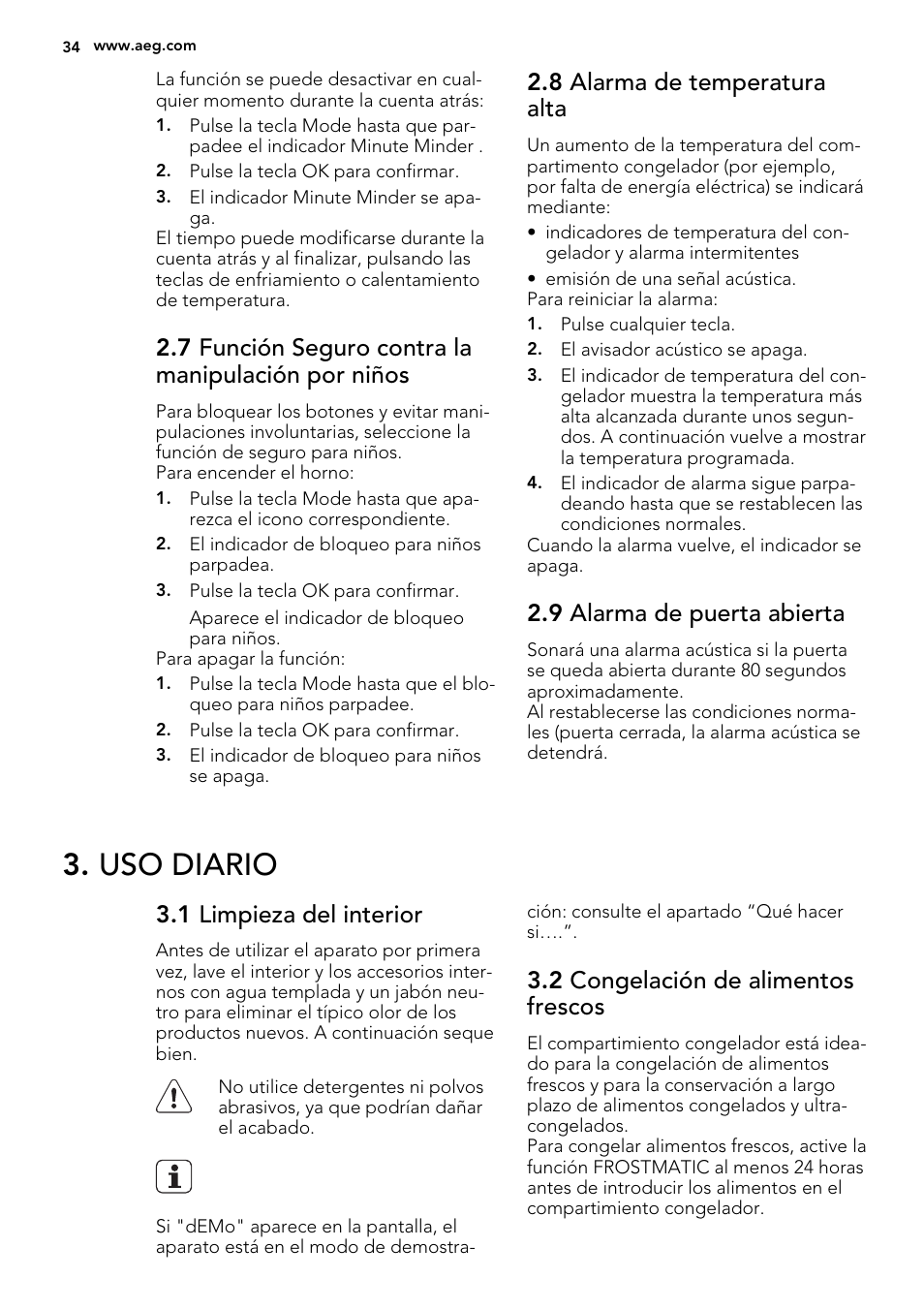 Uso diario, 7 función seguro contra la manipulación por niños, 8 alarma de temperatura alta | 9 alarma de puerta abierta, 1 limpieza del interior, 2 congelación de alimentos frescos | AEG AGN71200F0 User Manual | Page 34 / 44