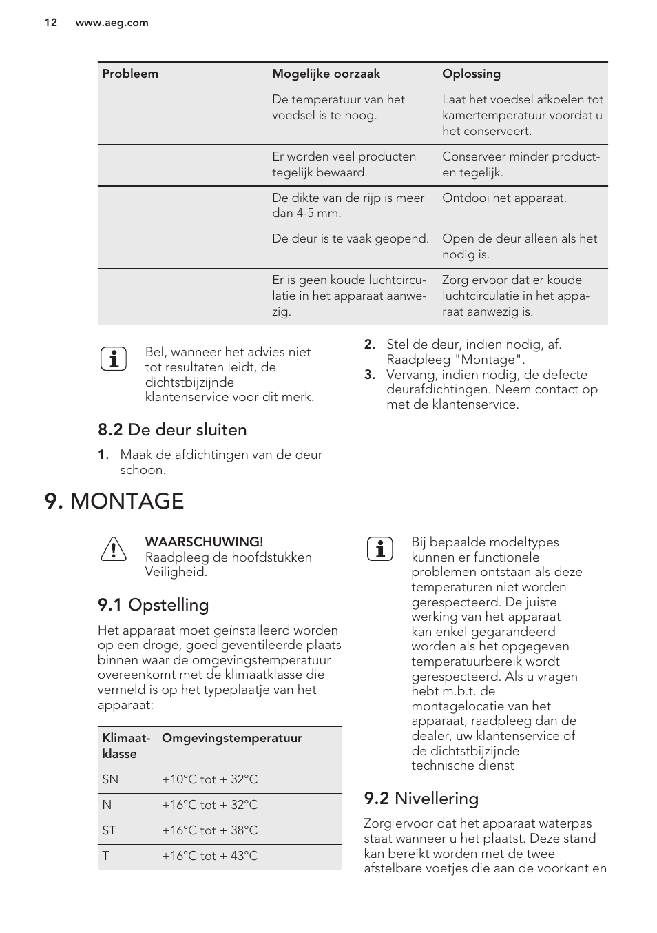 2 de deur sluiten, Montage, 1 opstelling | 2 nivellering | AEG A42200GSW0 User Manual | Page 12 / 64