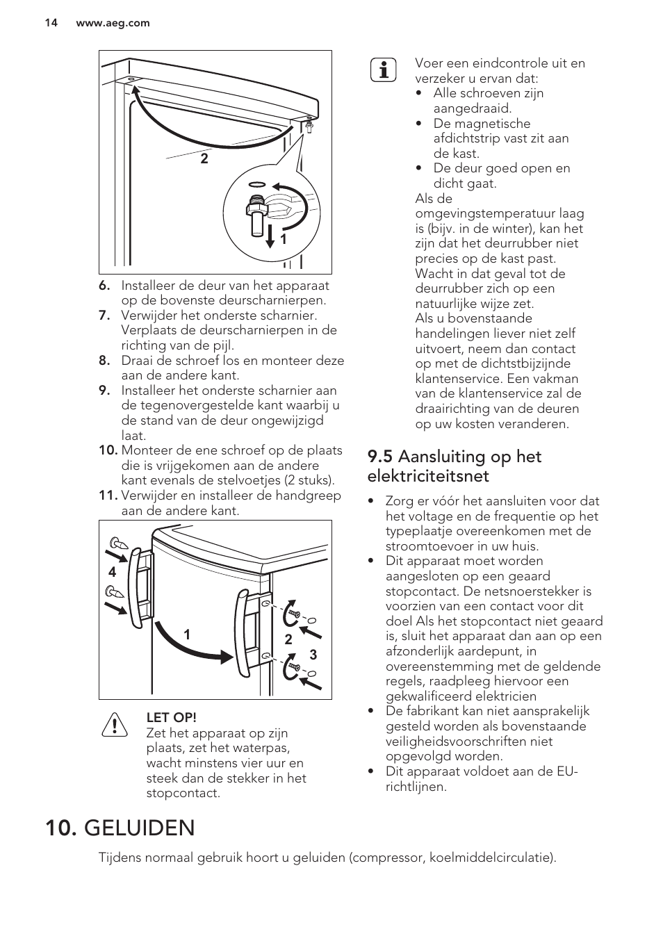 5 aansluiting op het elektriciteitsnet, Geluiden | AEG A42200GSW0 User Manual | Page 14 / 64