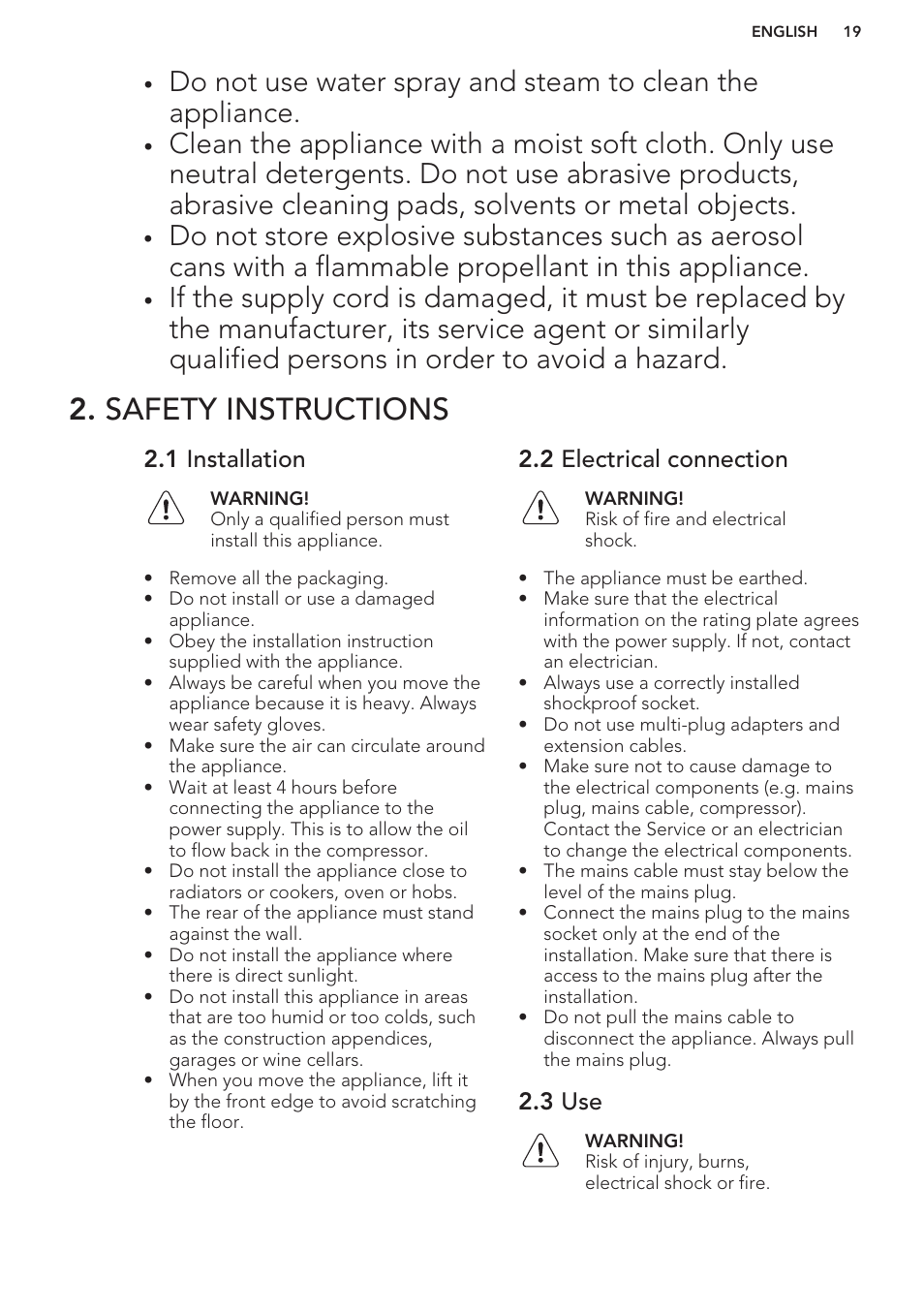 Safety instructions, 1 installation, 2 electrical connection | 3 use | AEG A42200GSW0 User Manual | Page 19 / 64