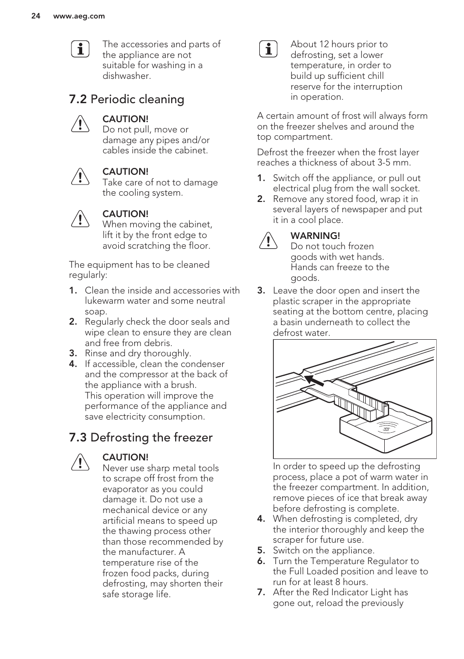 2 periodic cleaning, 3 defrosting the freezer | AEG A42200GSW0 User Manual | Page 24 / 64