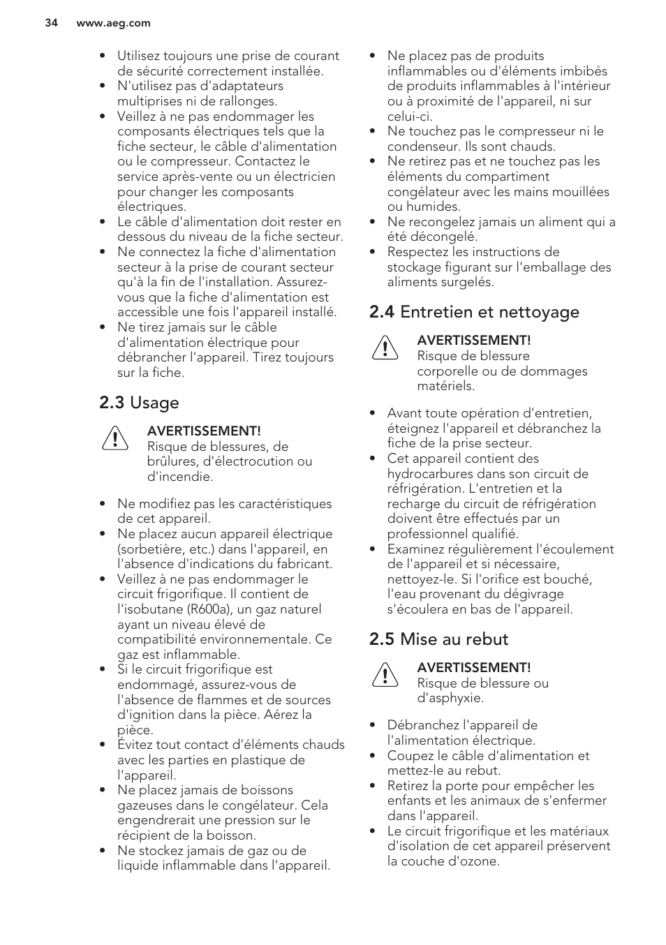 3 usage, 4 entretien et nettoyage, 5 mise au rebut | AEG A42200GSW0 User Manual | Page 34 / 64