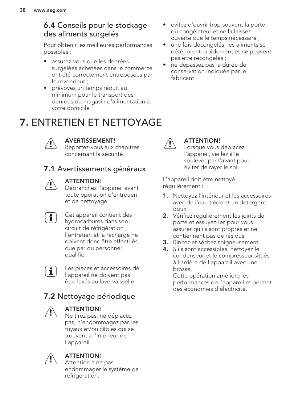 4 conseils pour le stockage des aliments surgelés, Entretien et nettoyage, 1 avertissements généraux | 2 nettoyage périodique | AEG A42200GSW0 User Manual | Page 38 / 64
