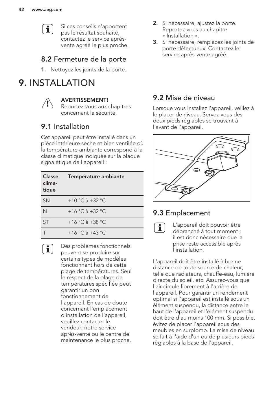 2 fermeture de la porte, Installation, 1 installation | 2 mise de niveau, 3 emplacement | AEG A42200GSW0 User Manual | Page 42 / 64
