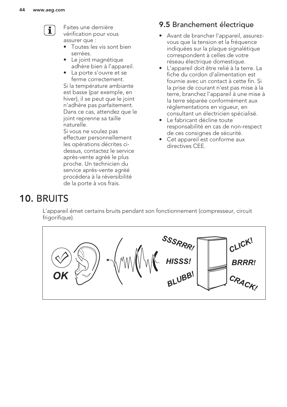 5 branchement électrique, Bruits, Brrr | Hisss! cl ic k! bl ub b! cr ac k! sssr r | AEG A42200GSW0 User Manual | Page 44 / 64