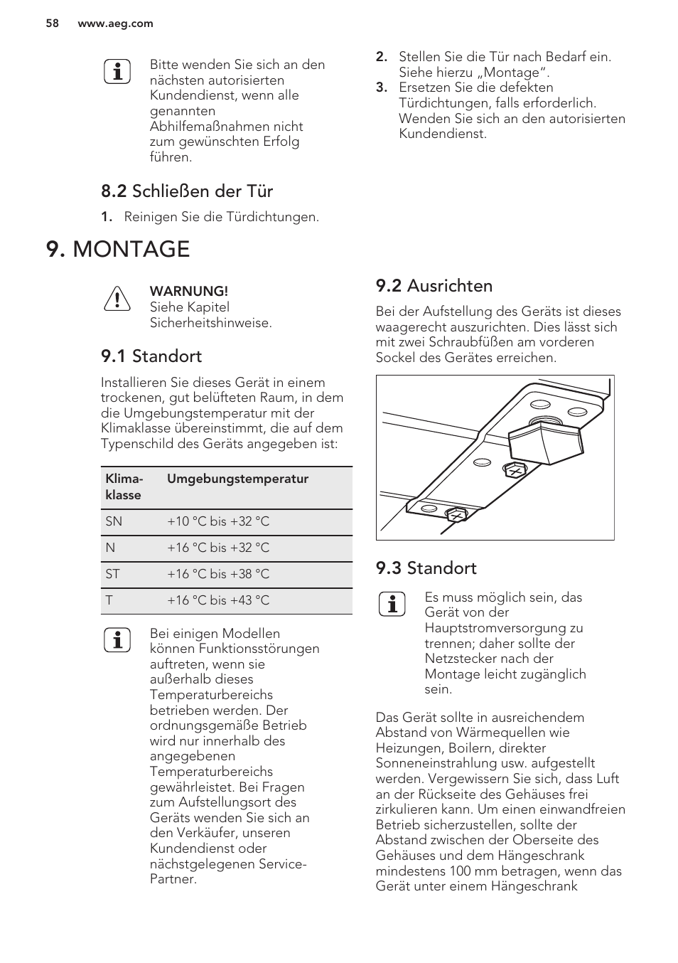 2 schließen der tür, Montage, 1 standort | 2 ausrichten, 3 standort | AEG A42200GSW0 User Manual | Page 58 / 64