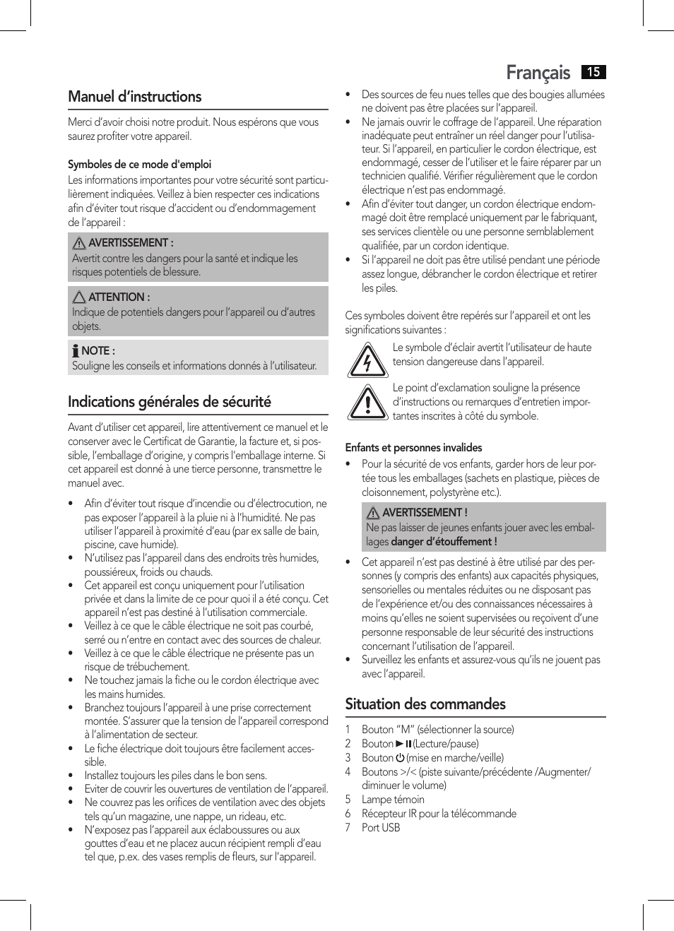 Français, Manuel d‘instructions, Indications générales de sécurité | Situation des commandes | AEG BSS 4804 User Manual | Page 15 / 58