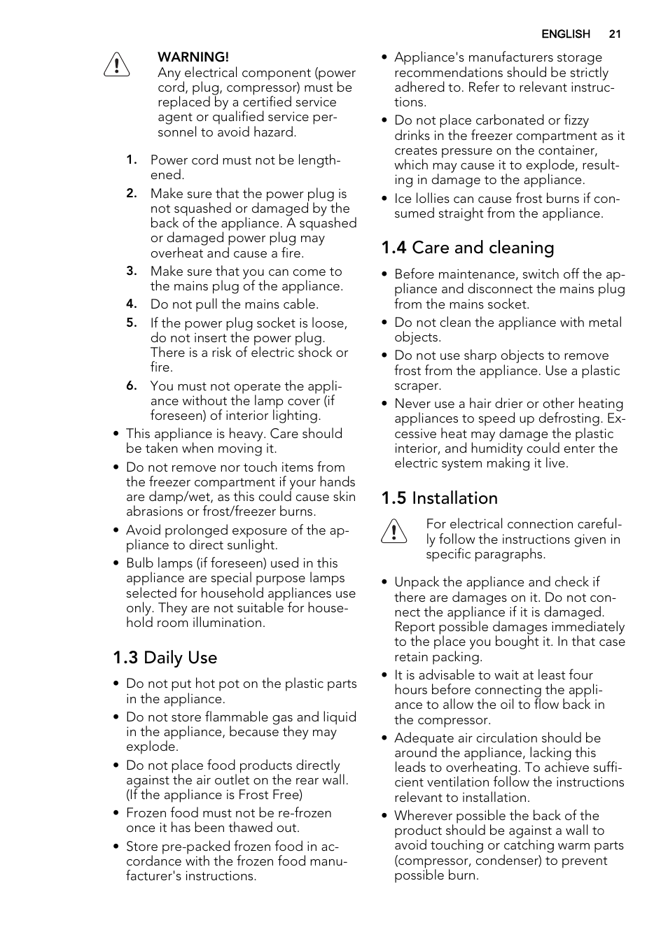 3 daily use, 4 care and cleaning, 5 installation | AEG A52010GNW0 User Manual | Page 21 / 72