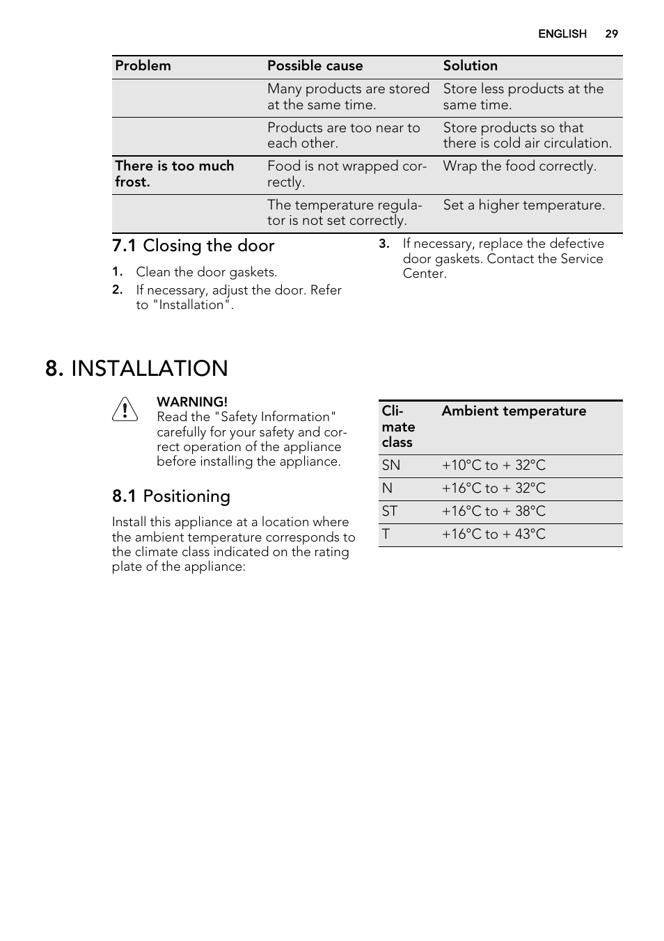Installation, 1 closing the door, 1 positioning | AEG A52010GNW0 User Manual | Page 29 / 72