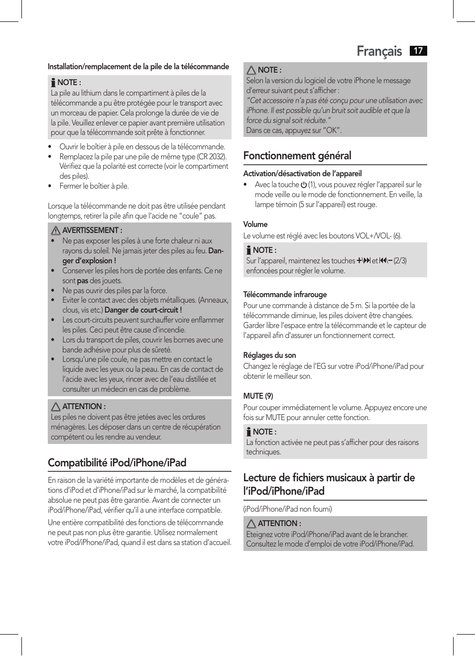 Français, Compatibilité ipod/iphone/ipad, Fonctionnement général | AEG IMS 4452 User Manual | Page 17 / 58