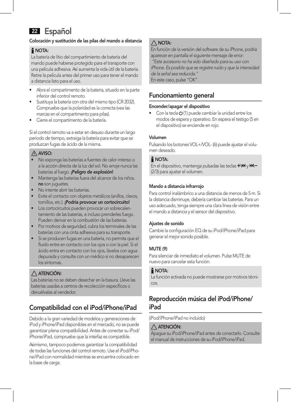 Español, Compatibilidad con el ipod/iphone/ipad, Funcionamiento general | Reproducción música del ipod/iphone/ ipad | AEG IMS 4452 User Manual | Page 22 / 58