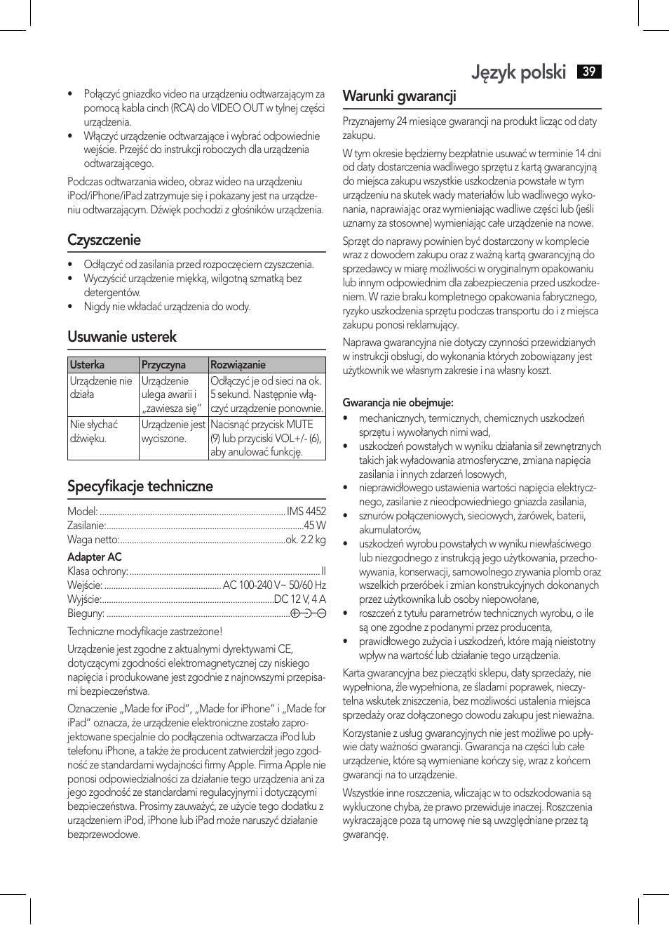 Język polski, Czyszczenie, Usuwanie usterek | Specyfikacje techniczne, Warunki gwarancji | AEG IMS 4452 User Manual | Page 39 / 58