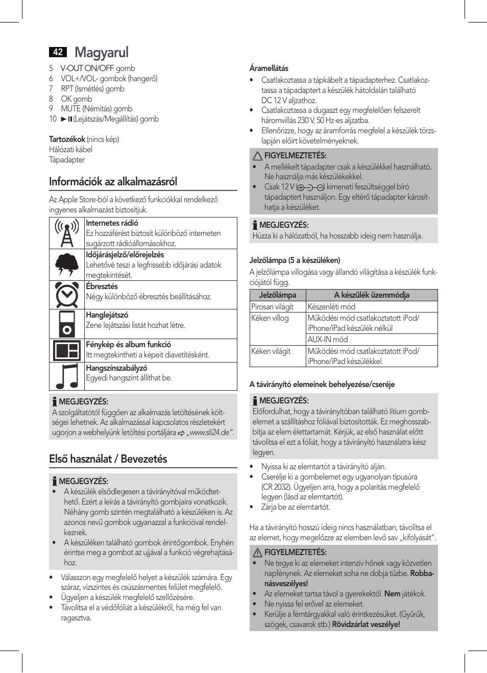 Magyarul, Információk az alkalmazásról, Első használat / bevezetés | AEG IMS 4452 User Manual | Page 42 / 58
