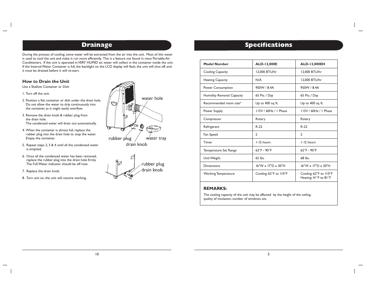 Specifications, Drainage | Amcor 000E/EH User Manual | Page 3 / 8