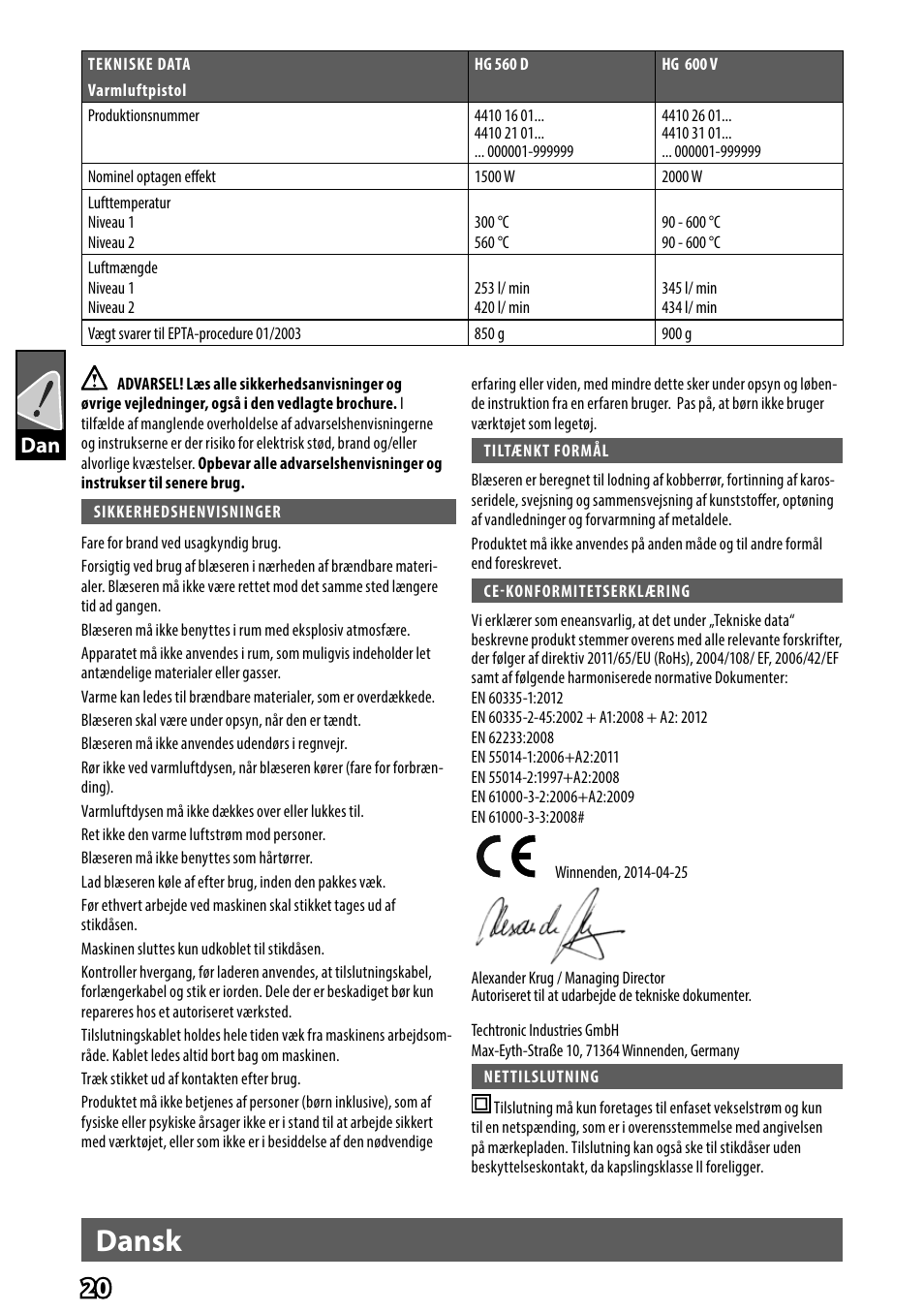 Dansk | AEG HG 560 User Manual | Page 22 / 64