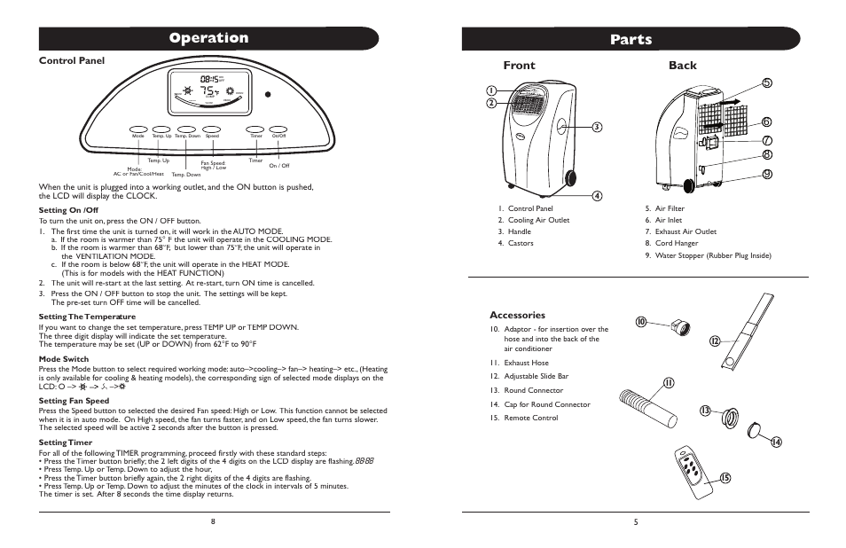 Parts, Operation, Front back | Control panel, Accessories | Amcor ALTL -12 User Manual | Page 4 / 8