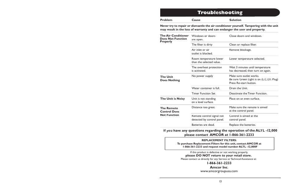 Troubleshooting | Amcor ALTL -12 User Manual | Page 8 / 8