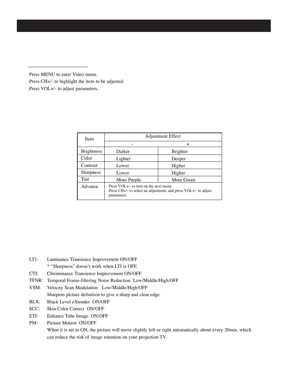 Using the video menu, Menus (continued) | Apex Digital GB4308 User Manual | Page 27 / 43