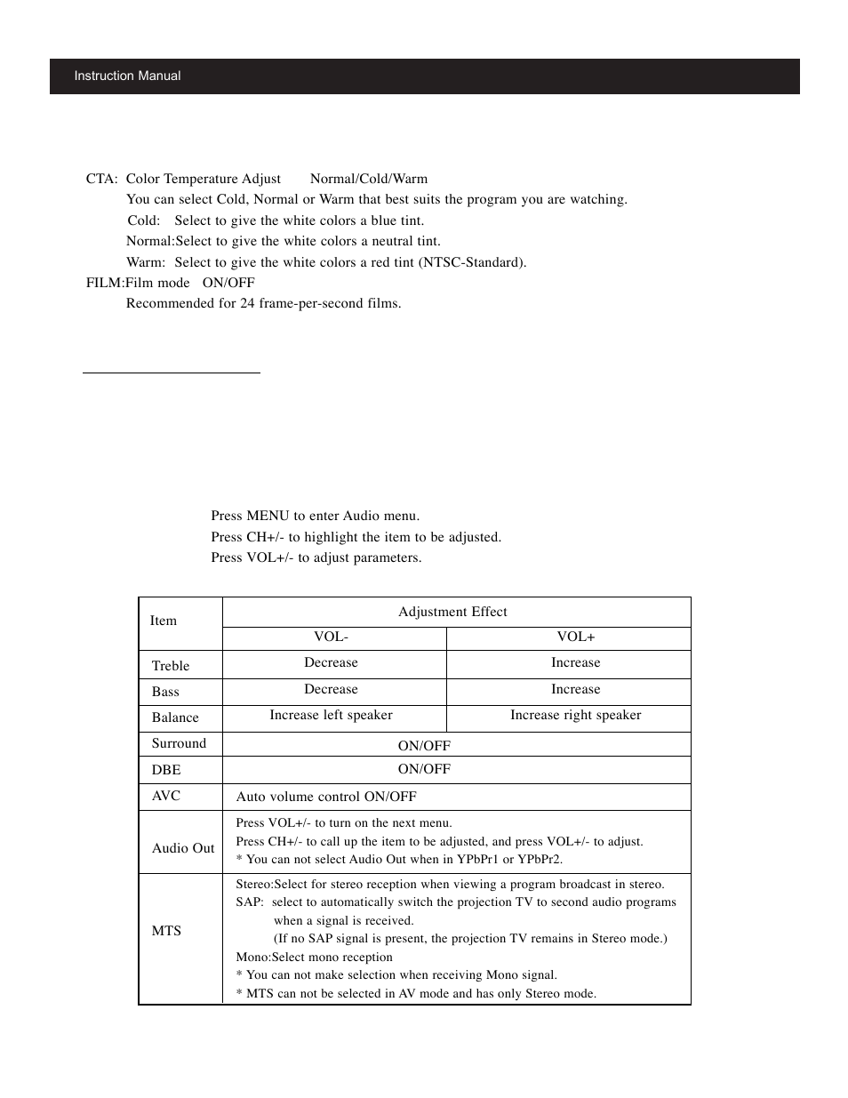 Using the audio menu, Menus (continued) | Apex Digital GB4308 User Manual | Page 28 / 43
