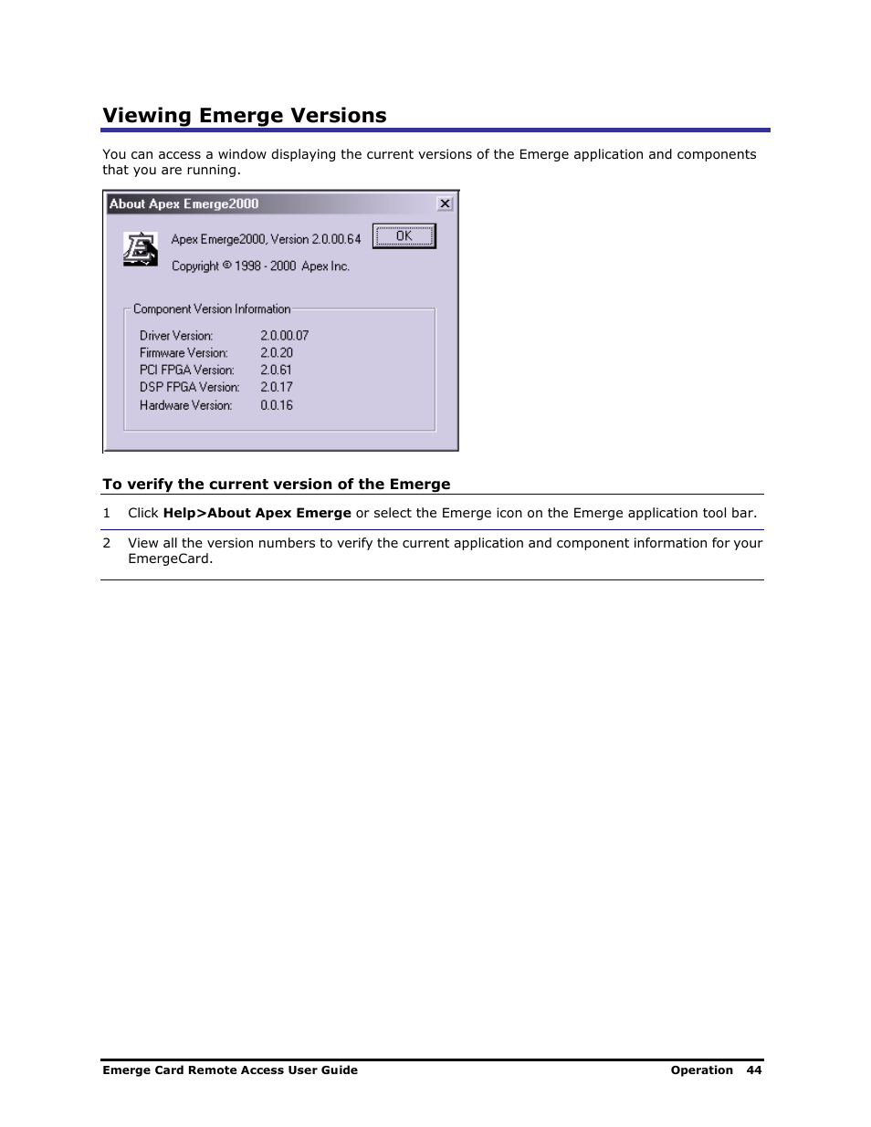 Viewing emerge versions | Apex Digital Apex EmergeCard Remote Access User Manual | Page 48 / 52