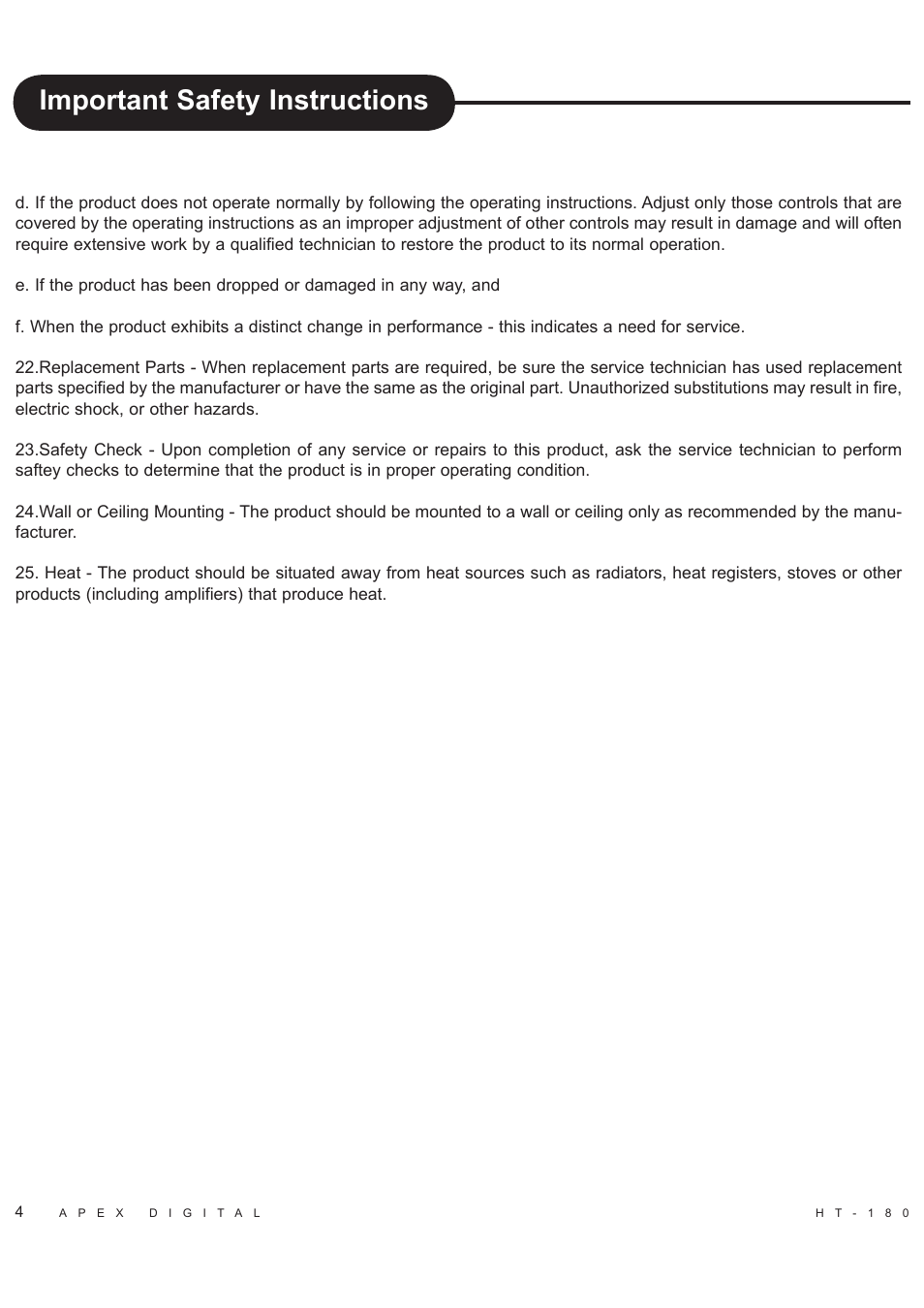 Important safety instructions | Apex Digital HT-180 User Manual | Page 5 / 44