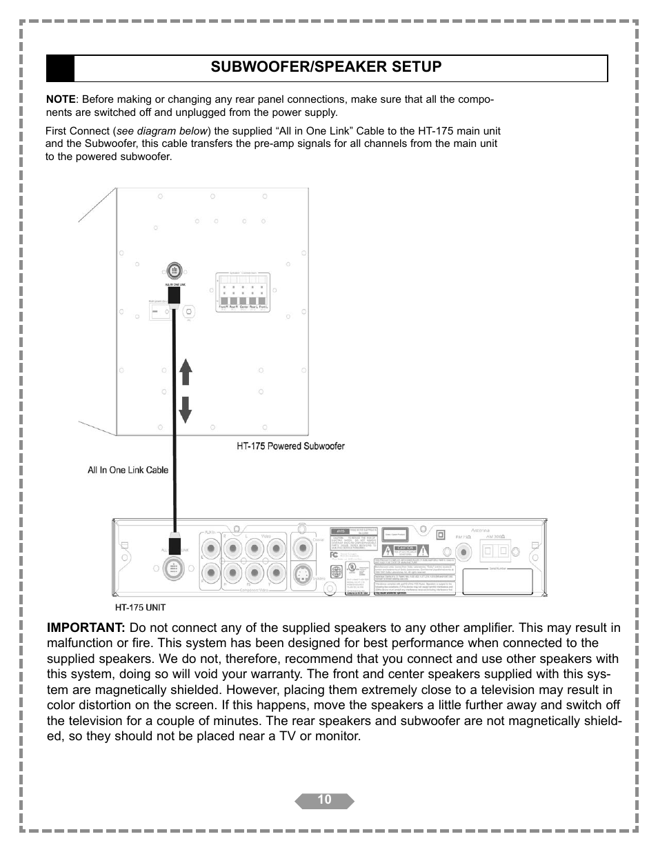 Subwoofer/speaker setup | Apex Digital HT-175 User Manual | Page 11 / 34