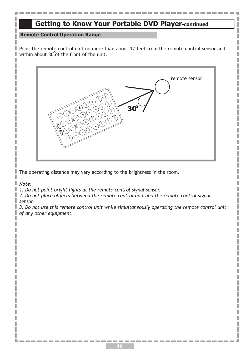 Getting to know your portable dvd player, Continued remote control operation range | Apex Digital PD-480 User Manual | Page 10 / 34