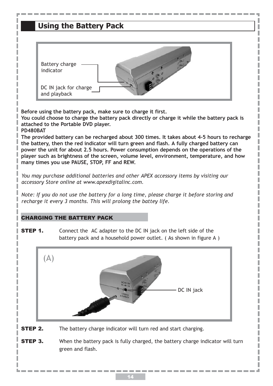 Using the battery pack | Apex Digital PD-480 User Manual | Page 14 / 34