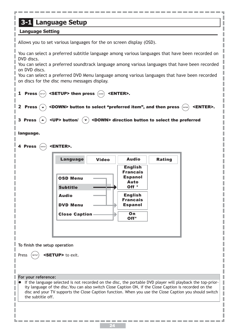 1 language setup, Move : select setup: language | Apex Digital PD-480 User Manual | Page 24 / 34