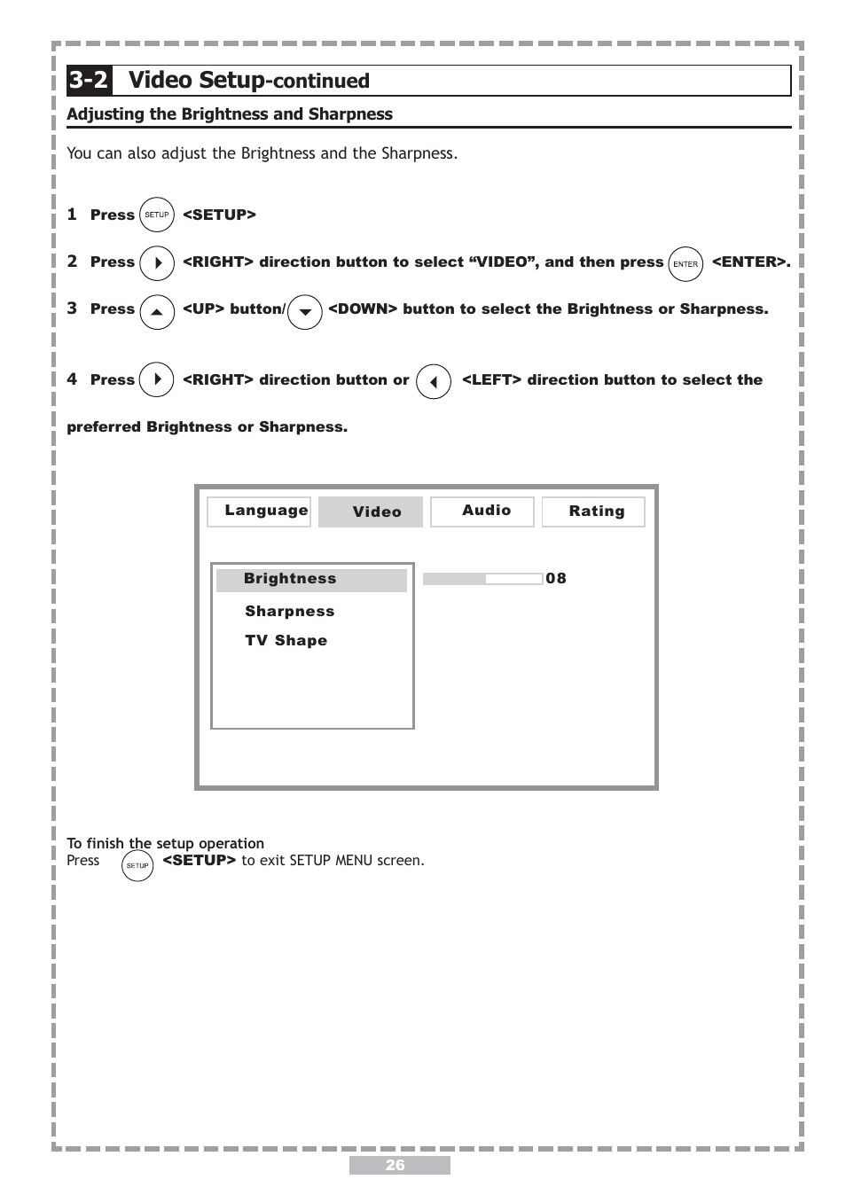 2 video setup, Continued, Move : select setup: language | Apex Digital PD-480 User Manual | Page 26 / 34