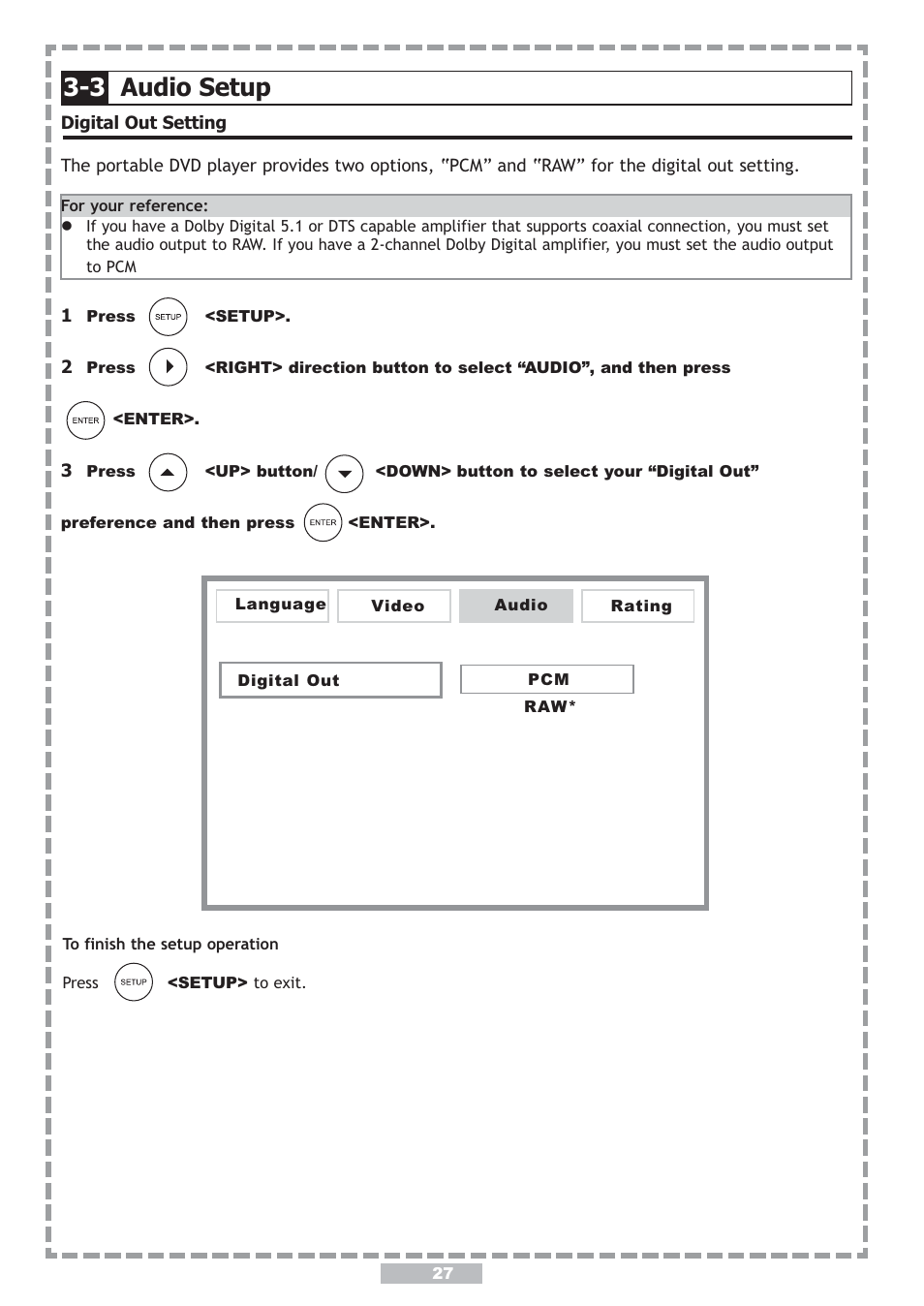 3 audio setup, Move : select setup: language | Apex Digital PD-480 User Manual | Page 27 / 34