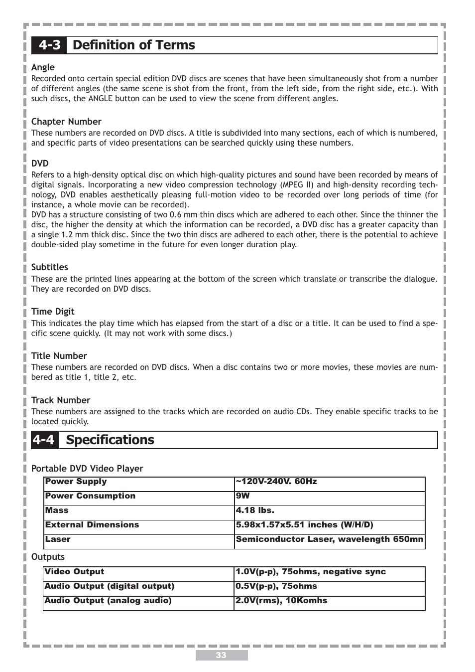 3 definition of terms 4-4 specifications | Apex Digital PD-480 User Manual | Page 33 / 34