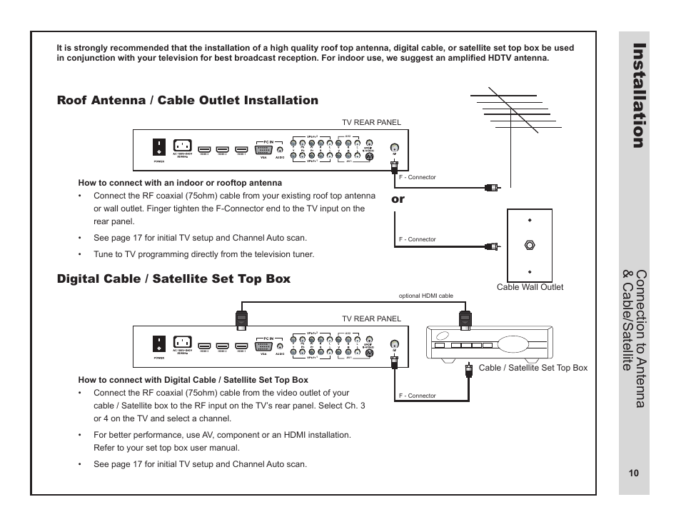 Installa tion, Connection to antenna & cable/satellite | Apex Digital LD3249 User Manual | Page 11 / 32
