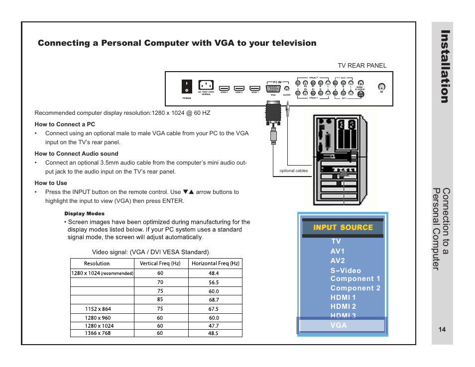 Installa tion, Connection to a personal computer | Apex Digital LD3249 User Manual | Page 15 / 32