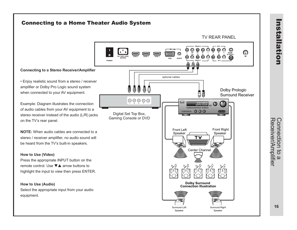 Installa tion, Connection to a receiver/amplifier, Connecting to a home theater audio system | Apex Digital LD3249 User Manual | Page 17 / 32
