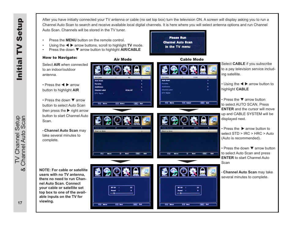 Initial tv setup, Tv channel setup & channel auto scan | Apex Digital LD3249 User Manual | Page 18 / 32