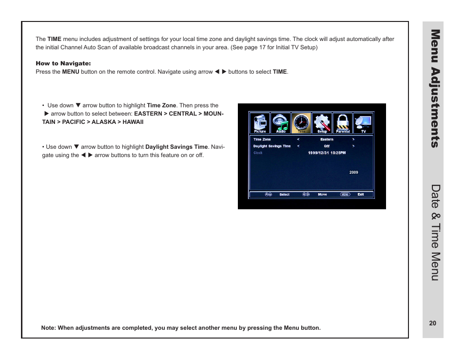 Menu adjustments date & time menu | Apex Digital LD3249 User Manual | Page 21 / 32