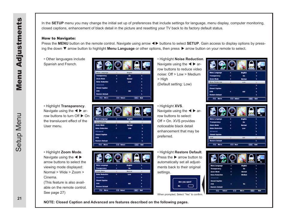 Menu adjustments setup menu | Apex Digital LD3249 User Manual | Page 22 / 32